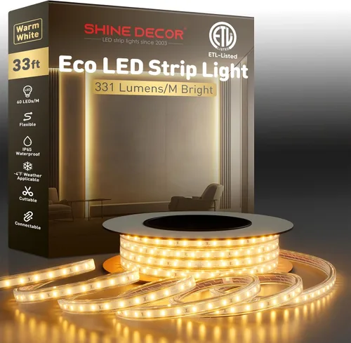 Vista 19 de Shine Decor Tira de luz LED fácil de conectar, 2800 K blanco cálido, resistente al frío, resistente a la intemperie para interiores y exteriores