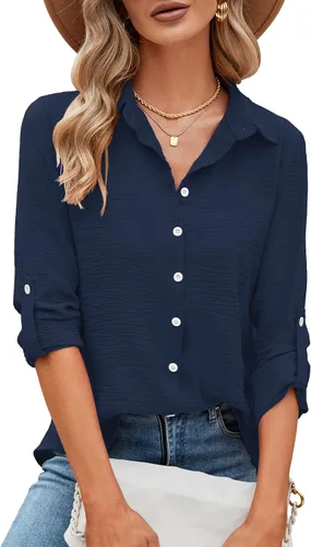 Vista 62 de Odosalii - Camisas con botones para mujer, con cuello en V, manga larga, enrolladas, blusas elegantes y formales para negocios y ocasiones casuales