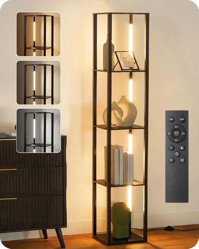 Vista 11 de Estante de exhibición de 64.2 pulgadas con luz, lámpara de pie de esquina moderna con estantes, lámpara de pie LED regulable con control remoto