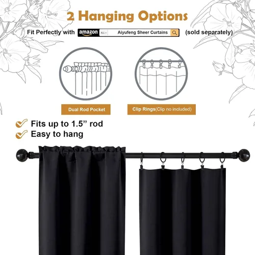 Vista 2 de Aiyufeng - Cortinas opacas negras cortas de 36 pulgadas para Halloween, juego de 2 paneles con bolsillo de barra para privacidad, cortinas de capas