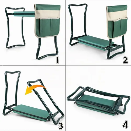 Vista 5 de Roixeeds Taburete plegable de jardín con bolsa de herramientas, almohadilla de espuma EVA, herramientas prácticas de jardín para arrodillarse
