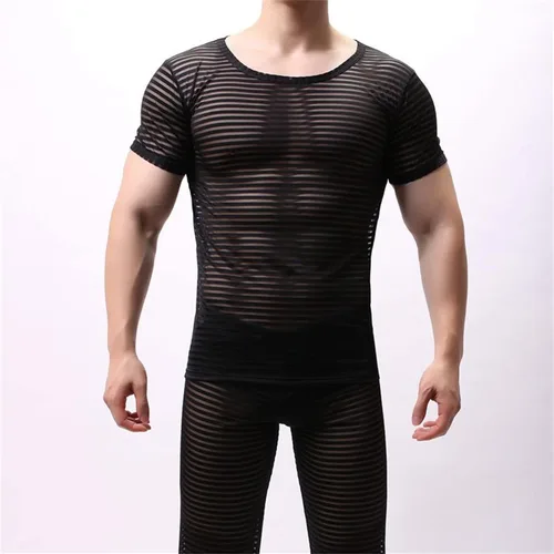 Vista 2 de Camisetas de verano transpirables de seda de hielo para hombre, de manga corta, para cultivar fitness, cuello redondo, blusa transparente