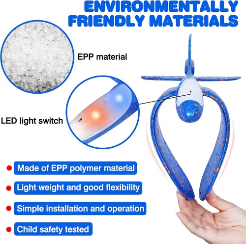 Vista 4 de CUKU Paquete de 4 juguetes de avión con luz LED, avión grande de espuma de 17.5 pulgadas, 2 modos de vuelo, avión planeador, juguetes voladores al