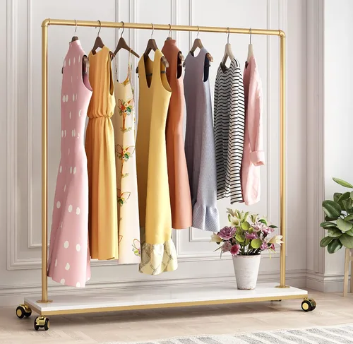 Vista 13 de Perchero de metal dorado con estante de madera, perchero resistente con ruedas para dormitorio, uso en boutiques minoristas (37.4 pulgadas de largo)