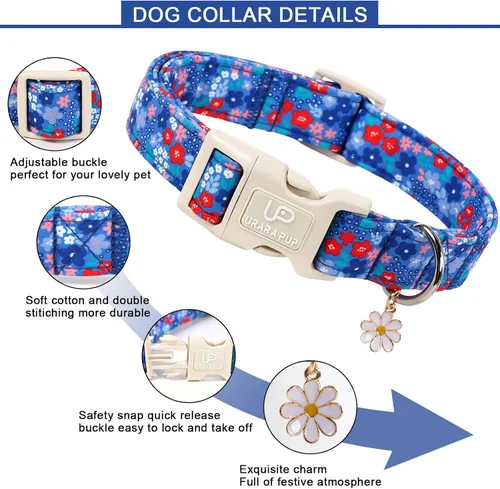 Vista 3 de Collar de perro floral azul, collar floral de algodón ajustable para primavera y verano con colgante de margarita, hebilla de liberación rápida