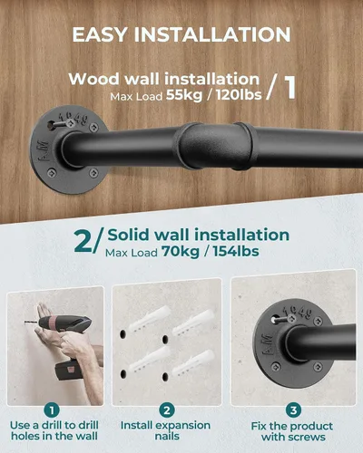 Vista 2 de OROPY Perchero de ropa, 166.9 cm de tubo industrial para colgar ropa, perchero de ropa montado en la pared, resistente y que ahorra espacio