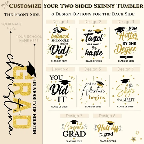 Vista 3 de Regalos de graduación para ella, vaso delgado de graduación personalizado con popote, tapa, 20 onzas, 8 diseños, taza de café de graduación