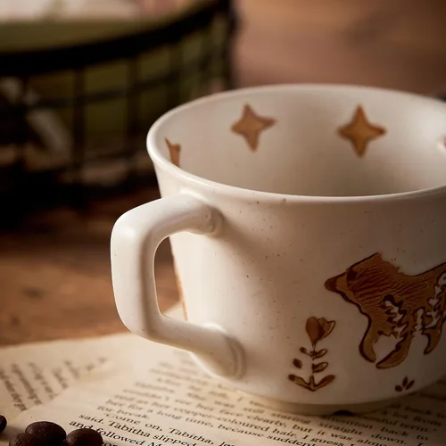 Vista 4 de Juego de 4 tazas de café de cerámica vintage de 12 onzas - Hechas a mano de gres cerámico de campo, estilo granja, para té de otoño con gran asa