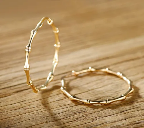 Vista 5 de Barzel - Aretes de aro de bambú de oro para mujer, chapados en oro de 18 quilates, oro rosa o blanco