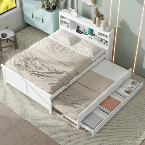 Vista 22 de Cama de plataforma de tamaño matrimonial con cajones y estantes de almacenamiento, base de cama de madera maciza, base de colchón con cabecera