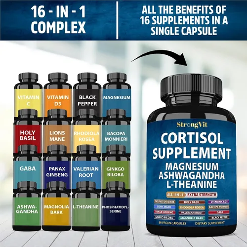 Vista 6 de StrongVit Suplementos de cortisol para mujeres y hombres con magnesio, ashwagandha y L-teanina. Reductor alto de cortisol, gestor, desintoxicación