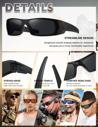 Vista 3 de Gafas de sol polarizadas para hombre y mujer, estilo retro, deportivo, rectangular, envolvente, vintage, protector de disparo Negro - Negro