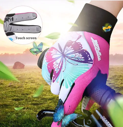 Vista 2 de DuShow Guantes de ciclismo para mujer, guantes de entrenamiento florales rosas para mujer, guantes de ciclismo de dedo completo, guantes