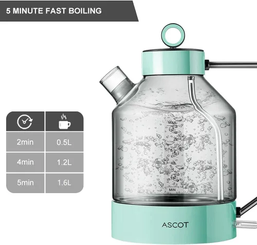 Vista 2 de ASCOT Hervidor eléctrico, tetera eléctrica de vidrio, regalos para hombres/mujeres/familia, 1.5 L, 1500 W, calentador de té de vidrio
