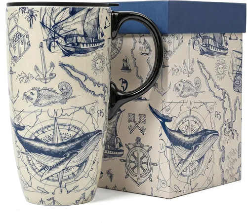 Vista 13 de Topadorn Taza de Cerámica para Café de Porcelana Latte Taza de Té con Tapa en Caja de Regalo 17oz, Flores Azules