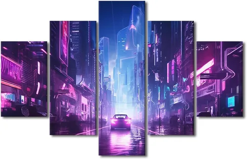Vista 56 de Póster de 5 paneles en lienzo para decoración de pared, diseño de centro urbano Cyberpunk, impresión moderna, decoración de pared para el hogar