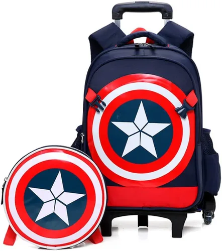 Vista 2 de Spiderman - Maletín de seis ruedas para la escuela, mochila de tela Oxford para las vacaciones, Capitán América Azul Oscuro Seis Ronda, M, Caricatura