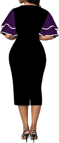 Vista 2 de FoveNK Vestido de tubo para mujer, elegante, manga con volantes, entallado, para ir al trabajo, con cremallera