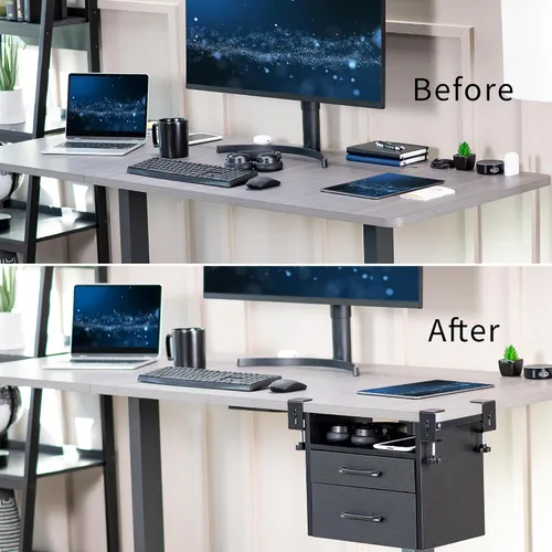 Vista 8 de VIVO - Sistema de cajones y estantes bajo el escritorio con abrazadera de esquina, accesorio para oficina para suministros, dispositivos de juego
