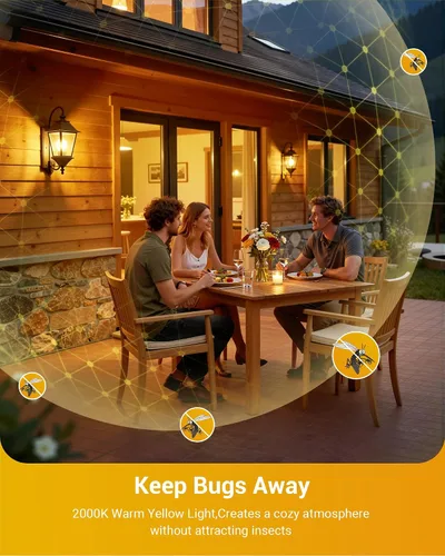 Vista 3 de DEWENWILS Bombilla LED A19 para exteriores del anochecer al amanecer, bombillas amarillas para exteriores, brillo ámbar de 2000 K, equivalente a 9 W