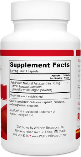 Vista 3 de Wellness Resources Astaxantina 6 mg Microalgas integrales Haematococcus Pluvialis Astapure de algas enteras de alta potencia Suplemento