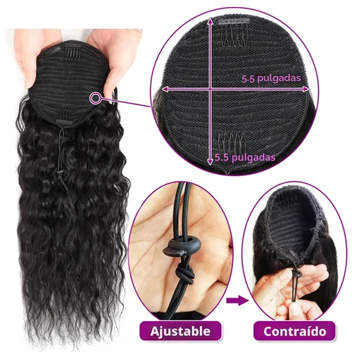 Vista 4 de Extensiones de cola de caballo de cabello humano lacio/rizado/rizado liso, color 1B, degradado 1B/30, cordón/cola de caballo envolvente
