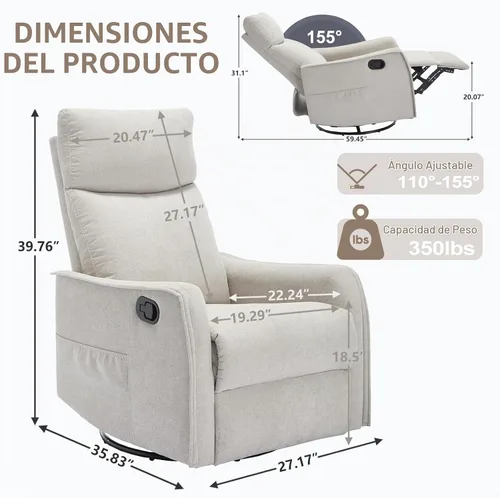 Vista 2 de cinkehome Silla Reclinable Giratoria Mecedora con Masaje Térmico, Sillas Reclinables Mecedoras para Guardería, Espacios Pequeños, Respaldo Alto