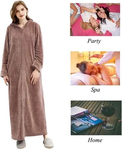 Vista 6 de Hellomamma Bata de baño larga con capucha y cremallera para mujer, bata de franela de forro polar, abrigo de invierno cálido para el hogar, camisón