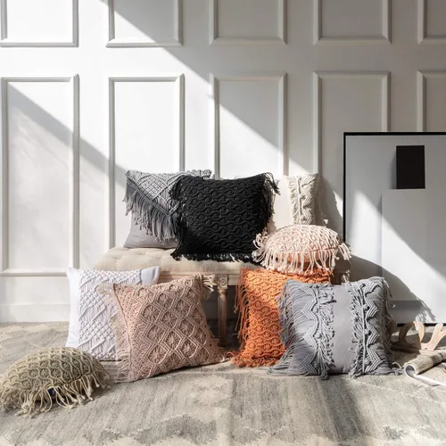 Vista 7 de Phantoscope Almohada Decorativa de Algodón Macramé Hecha a Mano Simétrica 3D Tejida a Crochet Estilo Boho Almohada de Granja con Relleno Incluido