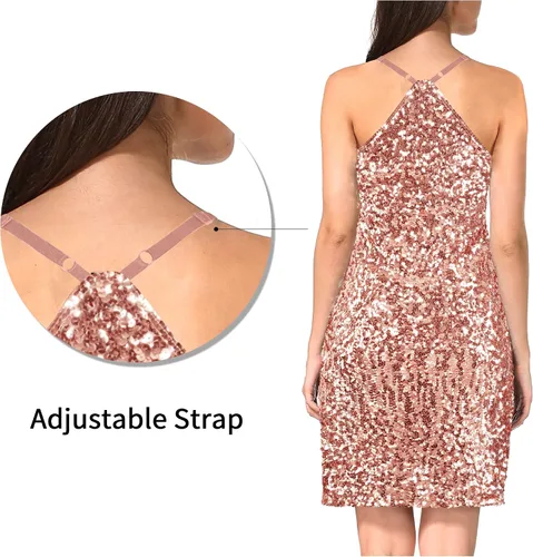 Vista 5 de MANER Vestido de lentejuelas con purpurina para mujer, con tirantes delgados ajustables, vestidos de fiesta brillantes