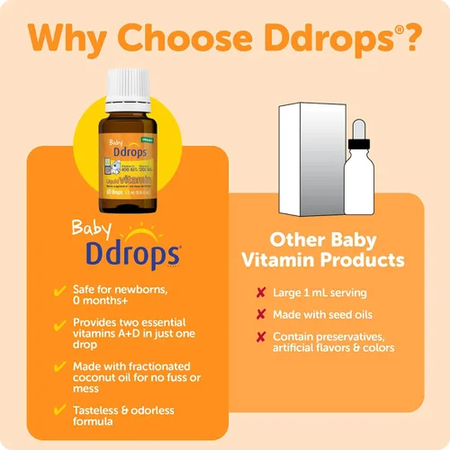 Vista 5 de Ddrops® Vitaminas líquidas orgánicas para bebés A&D gotas para bebés, 60 gotas. Apoya la salud ocular de los bebés, el desarrollo óseo y la función