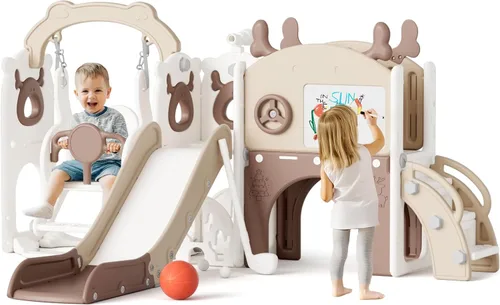 Vista 9 de Mloong Juego de toboganes y columpios 11 en 1 para niños pequeños de 1 a 3 años, para interiores y exteriores, con aro de baloncesto, golf, fácil