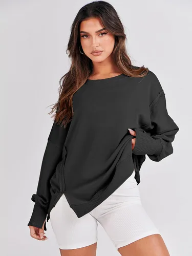 Vista 3 de ANRABESS Sudadera de gran tamaño para mujer, cuello redondo, manga larga, casual, con abertura, sin botones, ropa de otoño