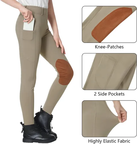 Vista 5 de beroy Pantalones de equitación ecuestre con forro polar para niños, pantalones de invierno para niñas y niños, con parche en la rodilla, pantalones
