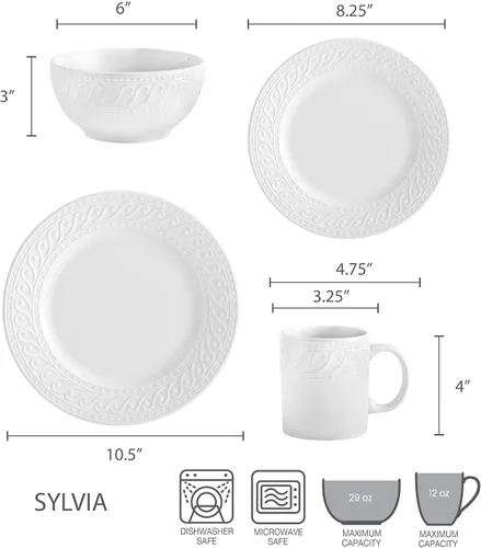 Vista 2 de Pfaltzgraff Sylvia - Juego de vajilla de 32 piezas en color blanco, servicio para 8, platos, cuencos y tazas de gres resistente, aptos