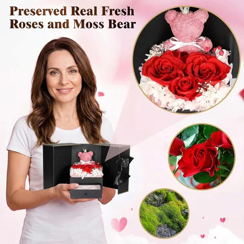 Vista 6 de Bonito regalo de oso de rosas reales preservadas con collares iniciales chapados en oro de 18 quilates para mujeres, día de la madre, cumpleaños