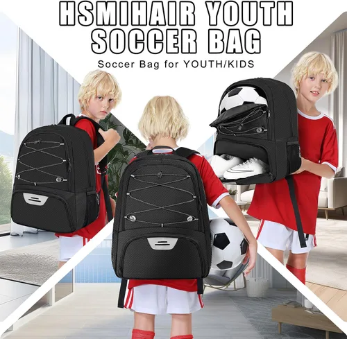 Vista 4 de Hsmihair - Mochila de fútbol juvenil - Mochila para fútbol y baloncesto, con compartimento para pelota y tacos separados