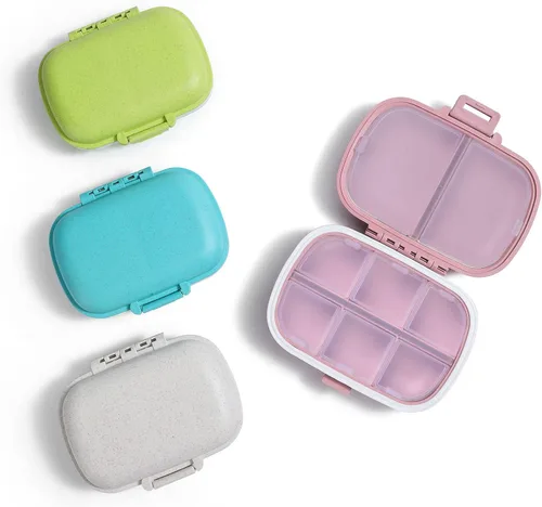 Vista 10 de Holii Organizador de pastillas de viaje con 8 compartimentos, farmacia de bolsillo para bolso, pastillero diario, organizador de medicamentos, Rosa