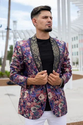 Vista 2 de COOFANDY Chaqueta de traje floral para hombre, chal, solapa, ajuste delgado, elegante, vestido, traje de graduación, fiesta, boda, blazer