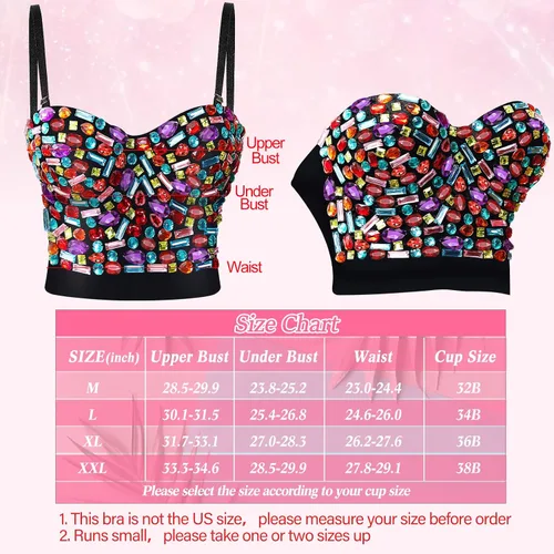 Vista 2 de Rhinestone Push up Bra Clubwear Colorful Beaded Bustier Crop Top Bra Crystal Rectangle Dangle Earrings, Run Small 1 or 2