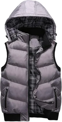 Vista 9 de WENKOMG1 Chaleco con capucha con doble cremallera para hombre, abrigo de color sólido, abrigo cálido y grueso, sin mangas, chaqueta suelta