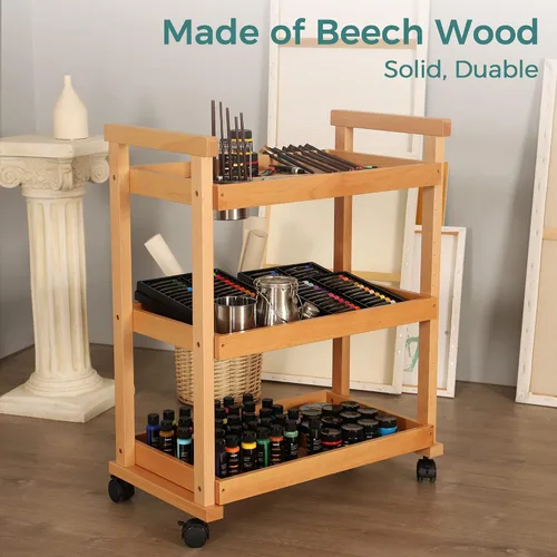 Vista 3 de VISWIN Organizador de carrito de arte, organizador de almacenamiento de suministros de arte de madera de haya maciza con ruedas giratorias, carrito