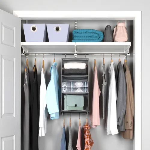 Vista 7 de HOLDN' STORAGE Organizador colgante de armario con barra de ropa, estantes colgantes de 3 estantes resistentes para ropa, suéteres y zapatos, unidad