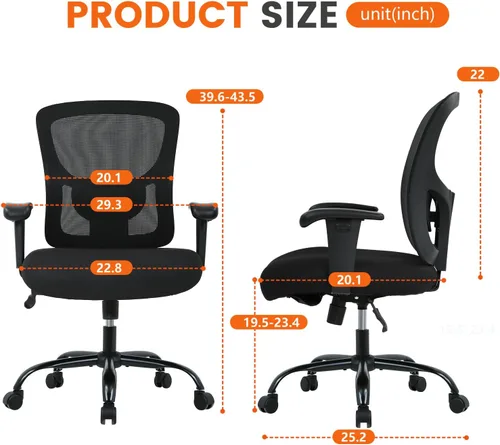 Vista 3 de Silla de oficina grande y alta, asiento ancho de 400 libras, silla de computadora con soporte lumbar, brazos ajustables, silla giratoria de malla