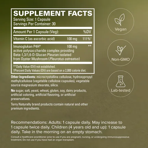 Vista 5 de Terry Naturally PleuraMax - Suplemento de salud respiratoria superior - Procedente de hongos ostra - Incluye vitamina C para apoyo inmunológico