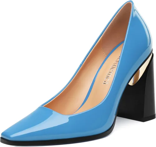 Vista 31 de Tacones altos para mujer, zapatos de vestir de tacón grueso con puntera cuadrada cerrada de patente, tacones elegantes, zapatos de vestir diarios