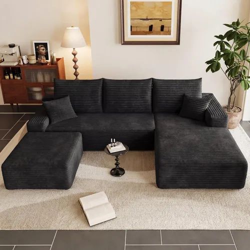 Vista 6 de Sofá modular Cloud de 95 pulgadas con otomana, moderno sofá nube en forma de U con asiento profundo, cómodo sofá de pana de 3 plazas, sofá de espuma