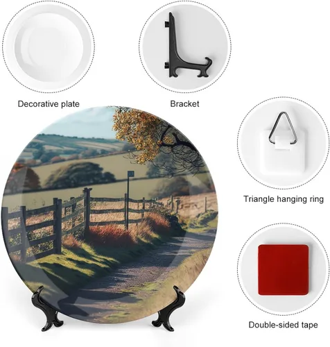 Vista 3 de Platos decorativos de pintura de paisaje de árboles de montaña otoñal, platos decorativos para decoración del hogar, platos de cena de temporada
