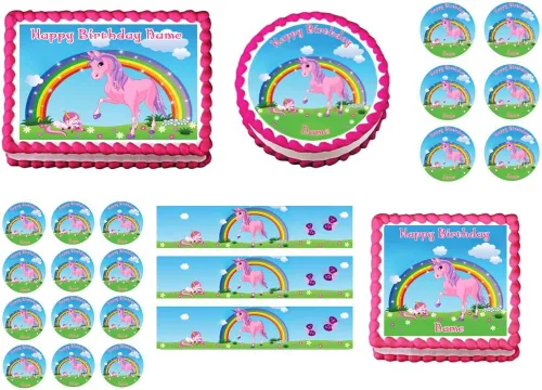 Vista 2 de Unicornio rosa arco iris 1/2 hoja (16 x 10 pulgadas) comestible decoración de fiesta de cumpleaños