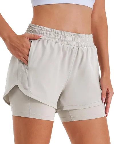 Vista 10 de Stelle Pantalones cortos de correr 2 en 1 para mujer, pantalones cortos deportivos de cintura alta, pantalones cortos de entrenamiento con forro